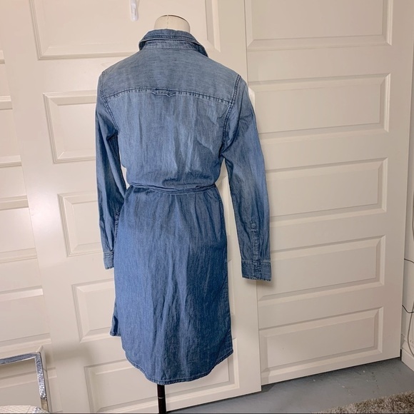 Denim Dress Blue XS Long Sleeves Belted Button Front Chambray Cotton Minimalist - Picture 5 of 10